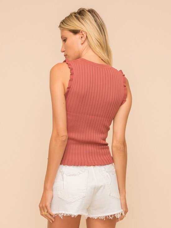 HEM & THREAD Terracotta Ruffle Sleeve Ribbed Knit Tank | Fitted Boutique Top - Picture 3 of 3